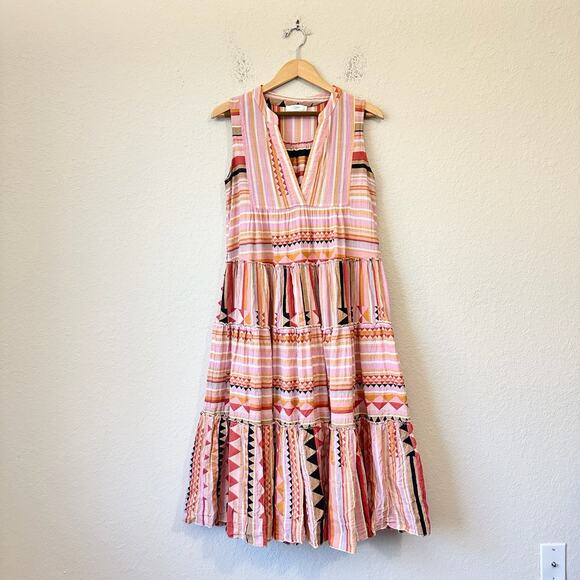 DEVOTION TWINS ANTHROPOLOGIE Anahita Maxi Dress Geometric Tiered Hippie - Picture 1 of 11